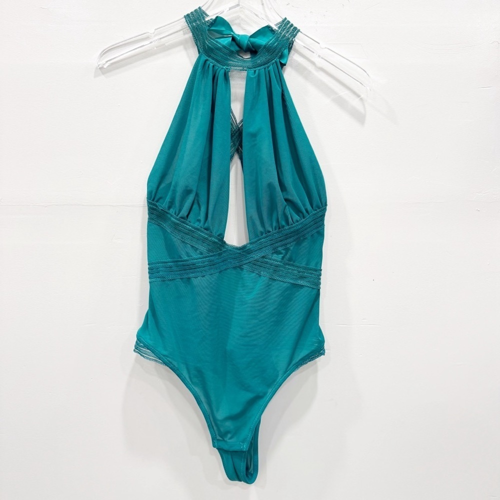 Oh La La Cheri Paris Plunging Neckline Teal Teddy Halter Tie Neck Open Back